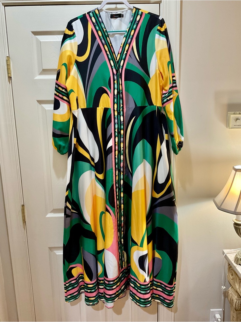V-Neck Abstract Print Maxi Dress in Green, Yellow, Black & White